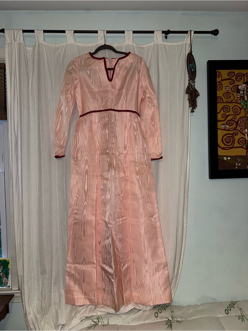 Hand Crafted Pink Long Sleeve Maxi Dress with Burgundy Trim